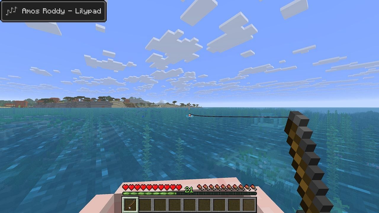 A player is harmoniously fishing in the open ocean. A Music Toast shows them listening to "Amos Roddy - Lilypad." (Image via Mojang)